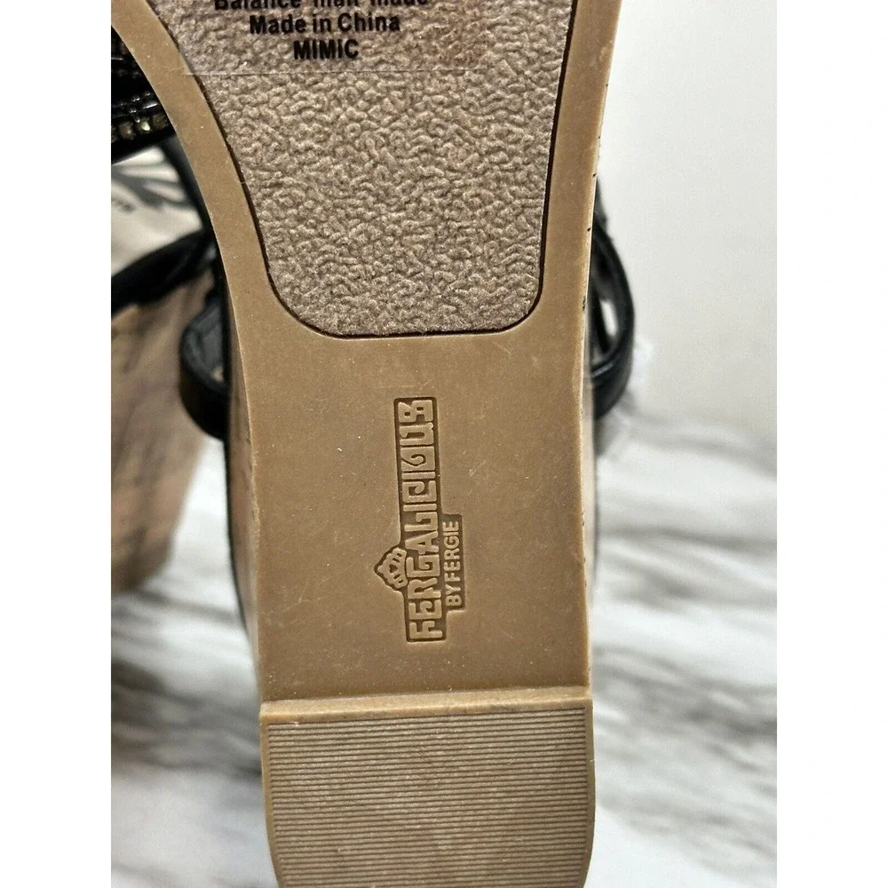 Fergalicious Mimic Wedge Sandals Women 6.5 Black Rhinestone Strappy Platform
